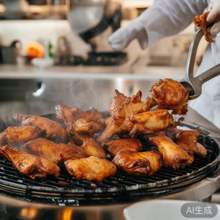 “烤鸡翅,翻面防焦烫”